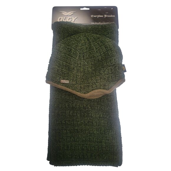 Olgy Green Knit Beanie & Scarf Set With Fleece Lining For Cold Weather Comfort - Picture 1 of 8
